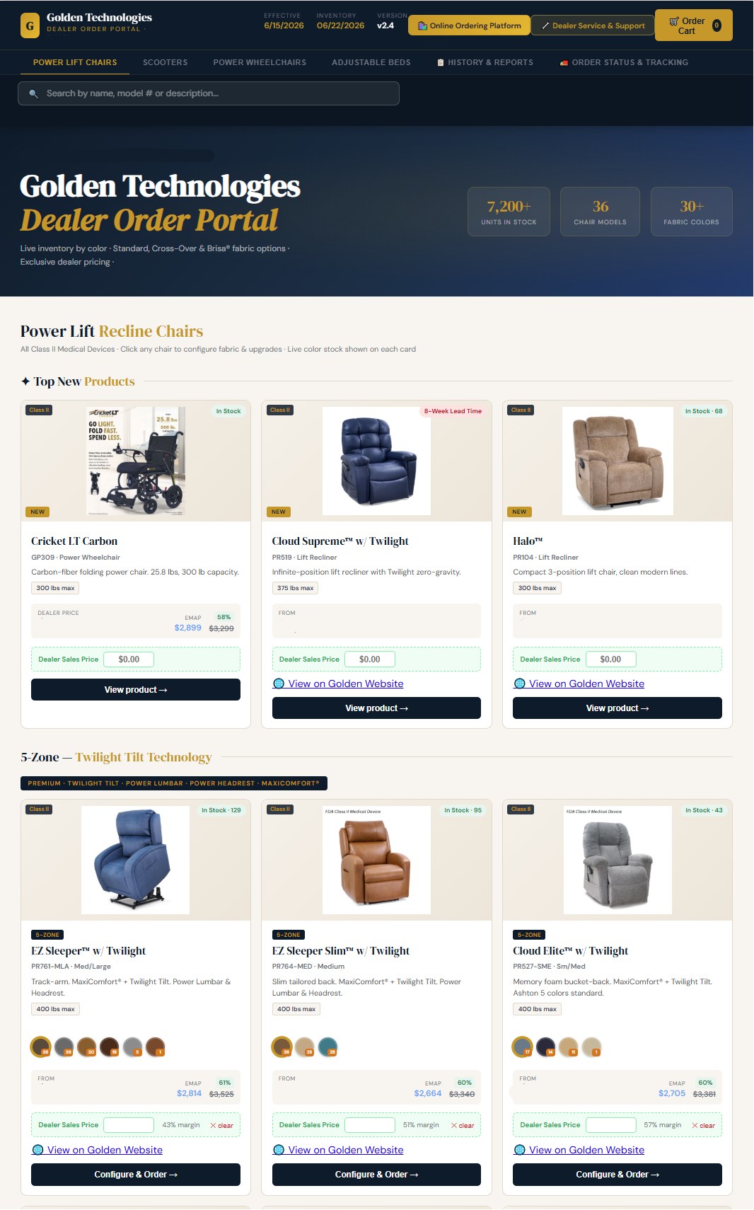 Order Golden faster with live inventory, dealer pricing, and a lift chair configurator.